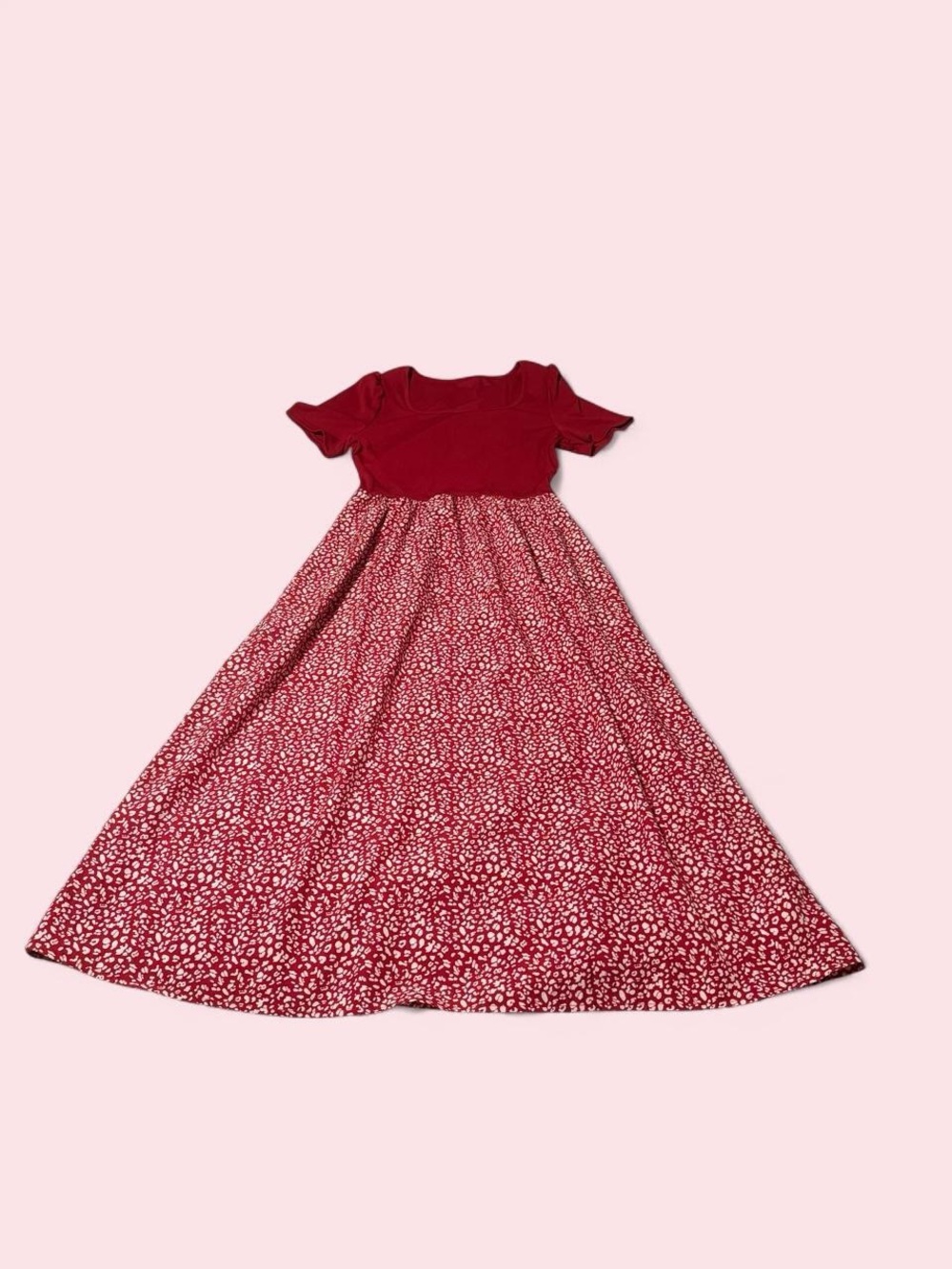 Red Short-Sleeve Maxi Dress with Animal Print Patterned Skirt